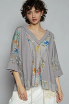 POL Floral V-Neck Raw Edge T-Shirt with Lace Detail Dark Gray