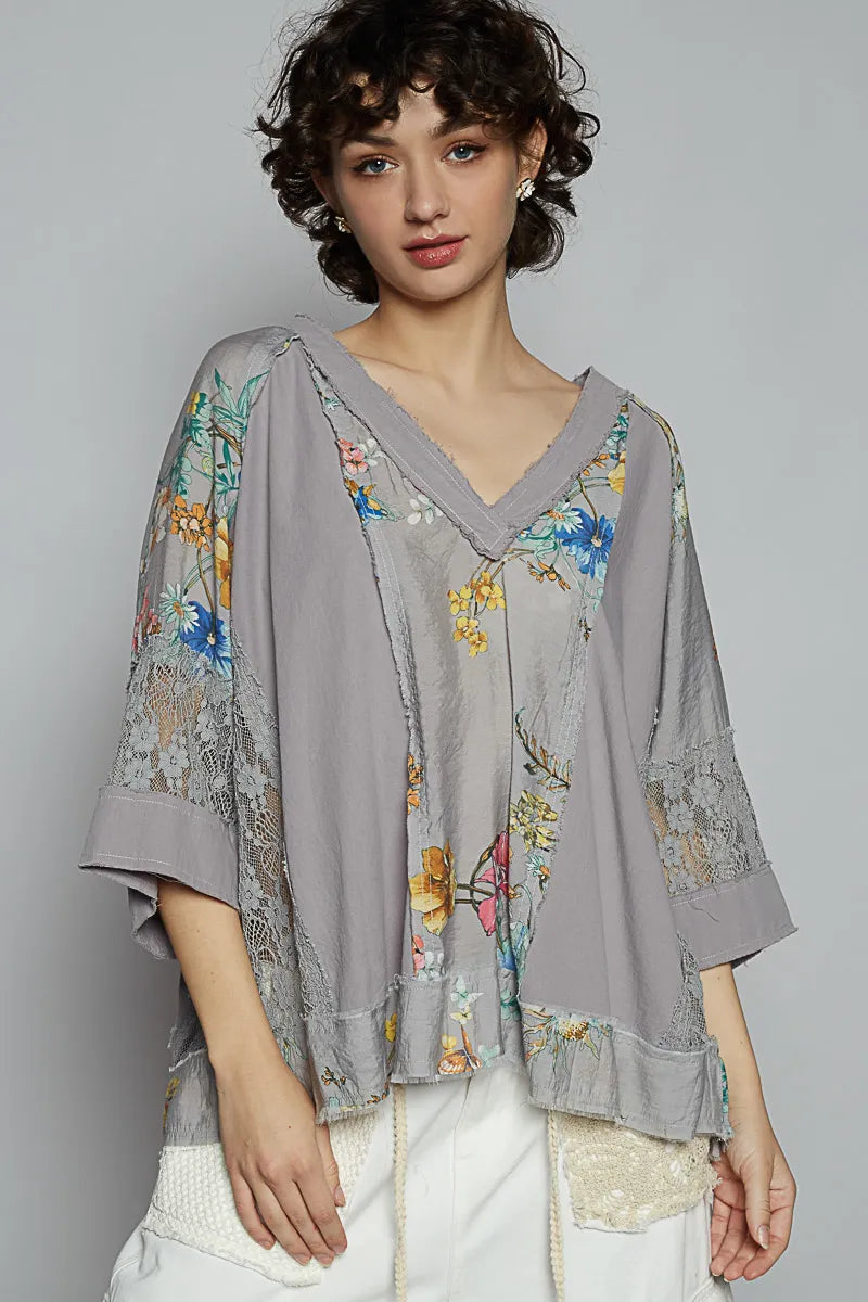 POL Floral V-Neck Raw Edge T-Shirt with Lace Detail Dark Gray