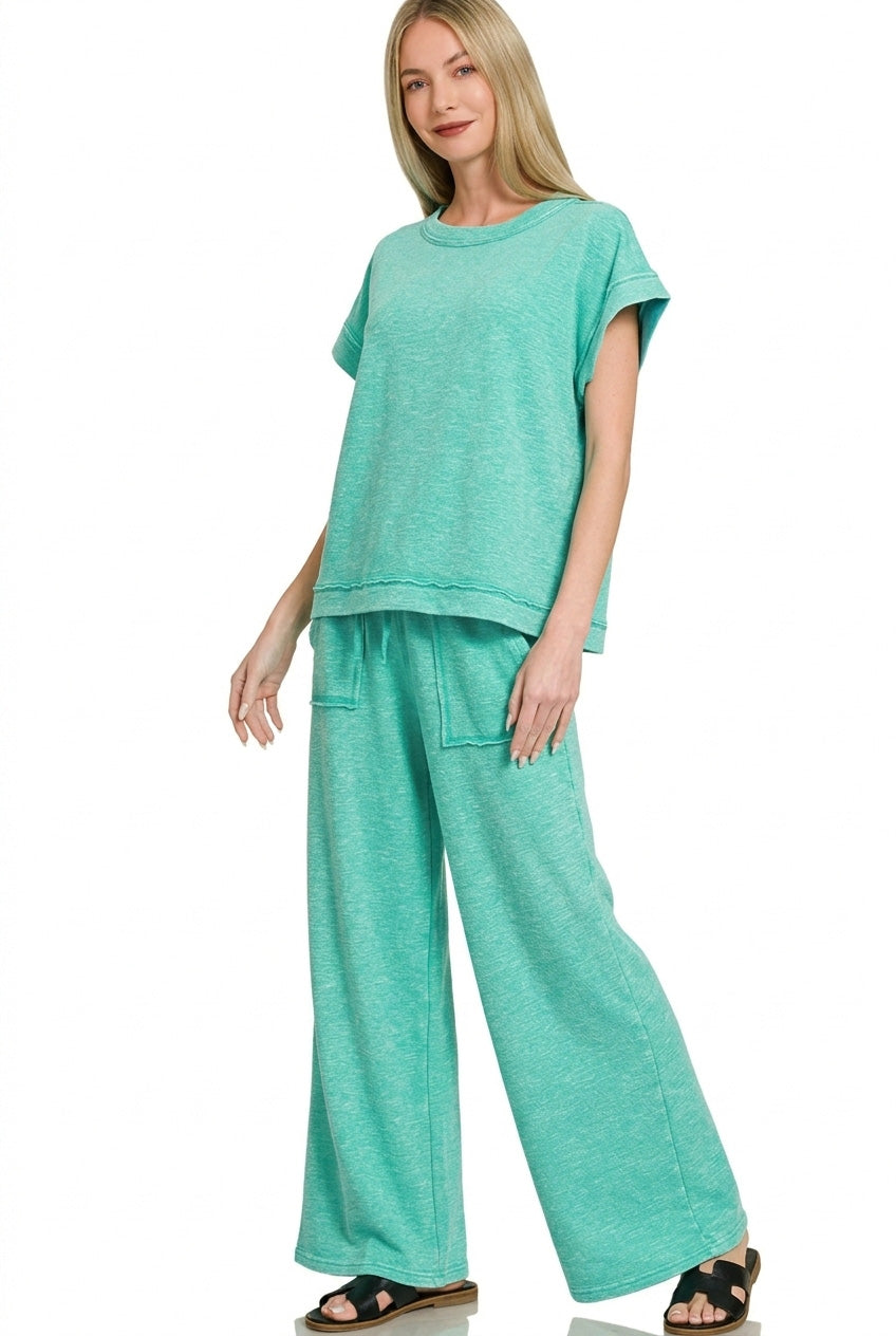 Zenana Turquoise Washed Slub Short Sleeve Tee & Long Pants Set