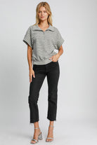 Umgee Gray Striped Half Zip Short Sleeve Sweatshirt