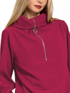 Zenana Carbernet Ribbed High Neck Half Zip Pullover & Pants Set