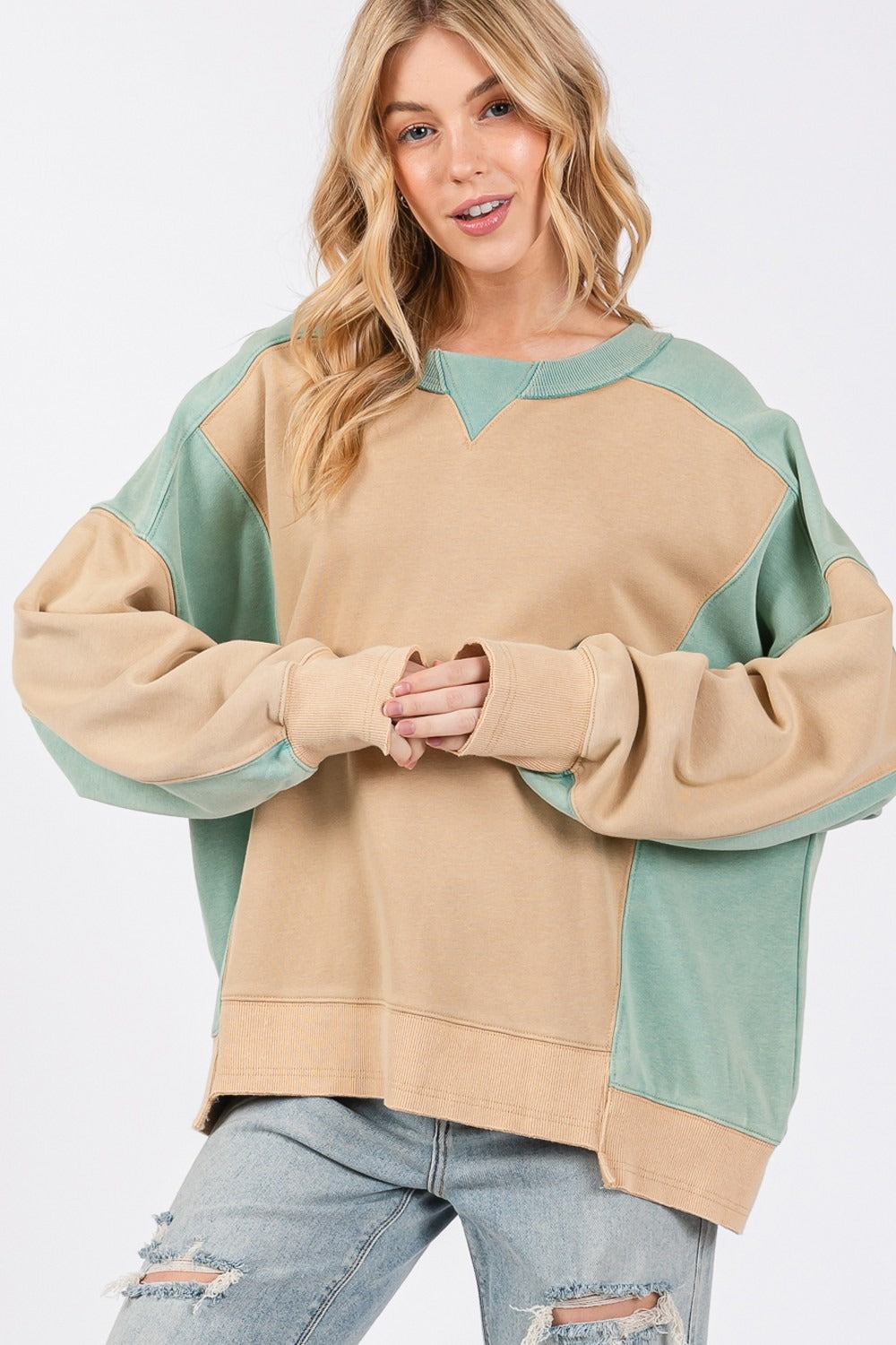 SAGE + FIG Cookie & Green Color Block Round Neck Sweatshirt Trendsi