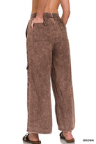 Zenana Brown Washed Linen Elastic Band Waist Cargo Pants