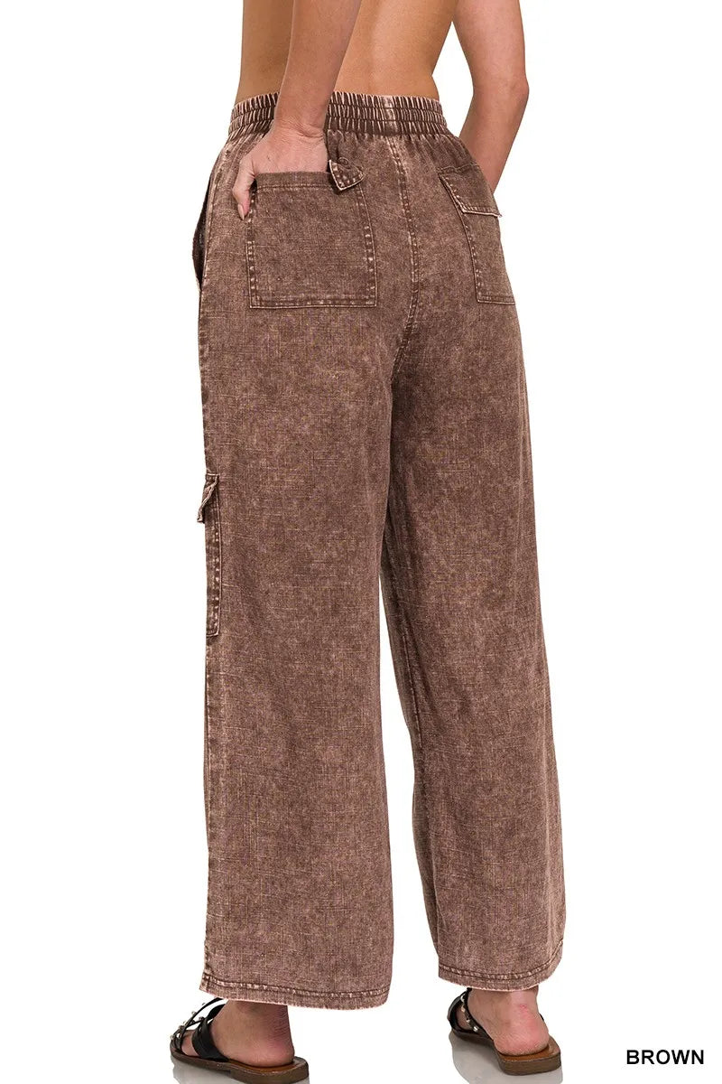 Zenana Brown Washed Linen Elastic Band Waist Cargo Pants