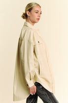 Davi & Dani Beige Faux Leather Button Up Jacket with Chest Pockets Coats & Jackets