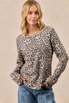 BiBi Leopard Print Washed Waffle Thermal Top with Thumbholes LEOPARD