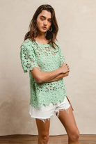 BiBi Light Green Openwork Crochet Short Sleeve Knit Top