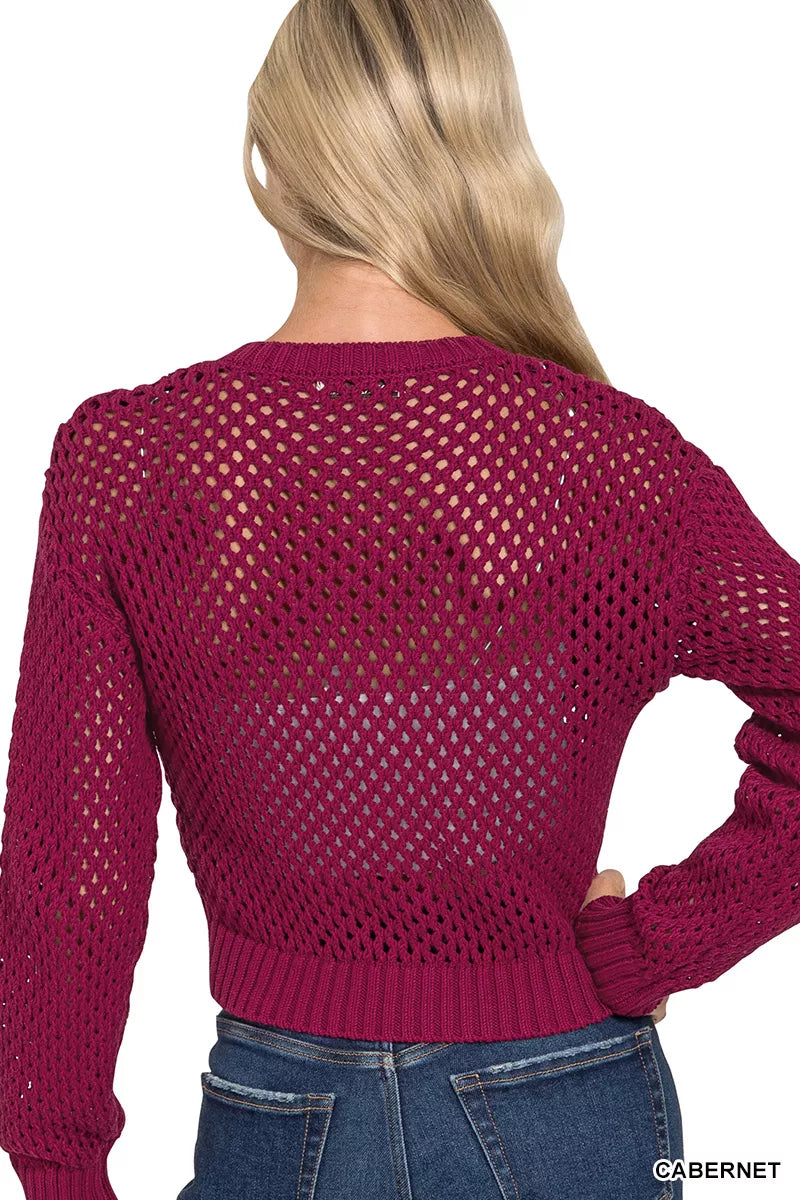 Zenana Cabernet Button Down Lightweight Crochet Cardigan Sweater