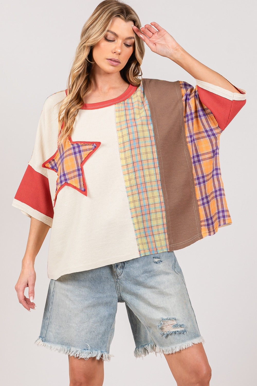SAGE + FIG Round Neck Plaid Star Patch T-Shirt in Berry Trendsi