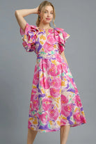 Umgee Pink Watercolor Floral Ruffled Cap Sleeve Midi Dress Hot Pink