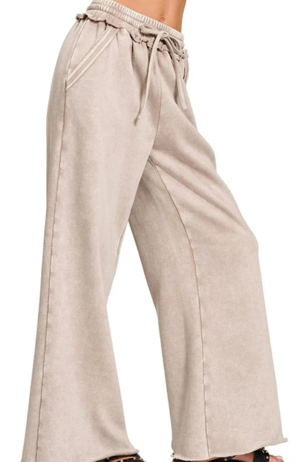 Zenana Ash Mocha Acid Wash Fleece Palazzo Sweatpants with Pockets ASH MOCHA
