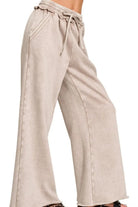 Zenana Ash Mocha Acid Wash Fleece Palazzo Sweatpants with Pockets ASH MOCHA