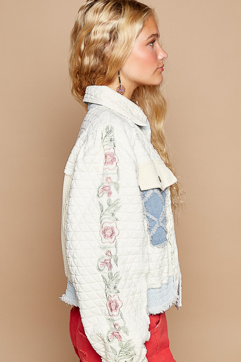 POL Vintage Washed Embroidered Sleeve Raw Edge Quilted Jacket Trendsi