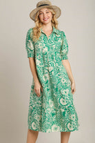 Umgee Green Floral and Paisley Printed Smocked Cuff Puff Sleeve Midi Dress Green