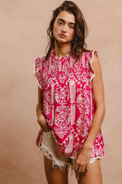 BiBi Pink Printed Ruffle Sleeve Top