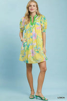 Umgee Botanical Print Dress with Smocked Cuffs