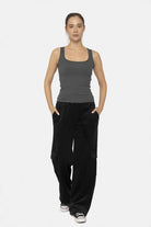 Mono B Black Elastic Waist Corduroy Cargo Pants Activewear