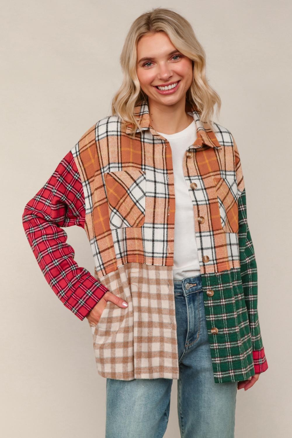 Haptics Loose Fit Multi Color Plaid Flannel Jacket with Pocket