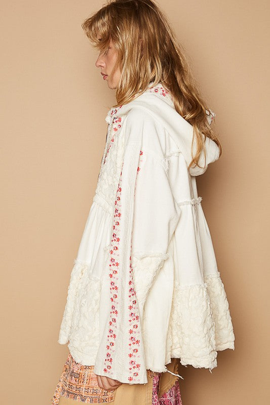 POL Ivory Embroidered Lace Patch Zip Up Hooded Jacket Coats & Jackets