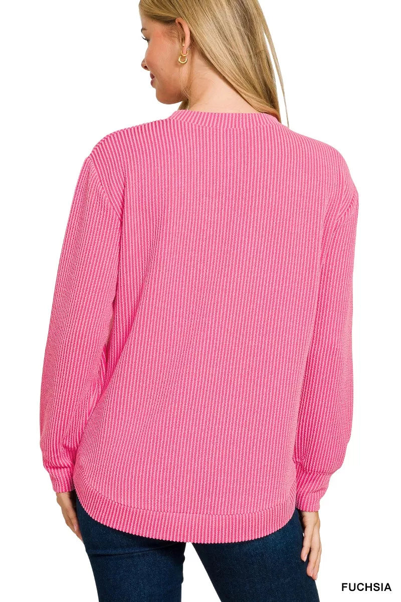 Zenana Dusty Blue Raised Rib Round Neck Long Sleeve Top