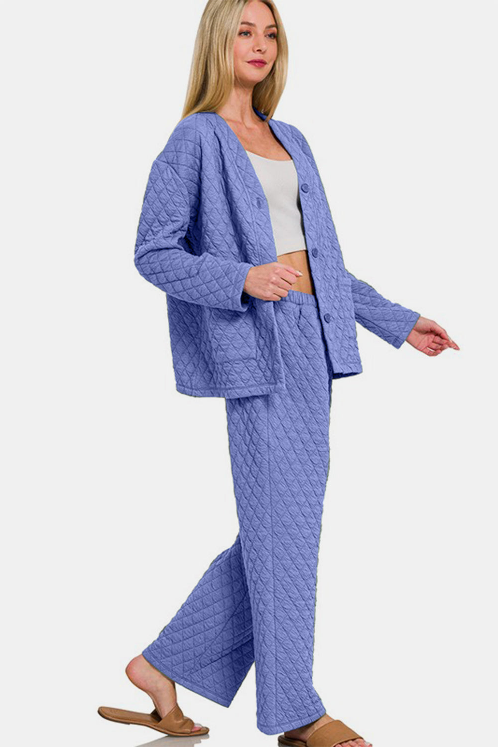 Zenana Blue Purple Quilted Button Up Long Sleeve Top and Pants Lounge Set Loungewear Set