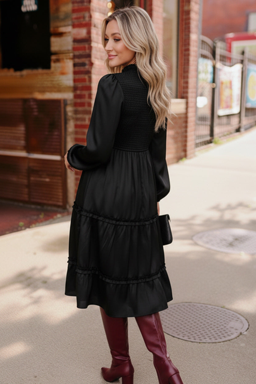 Haptics Black Tiered Solid Frilled Mock Neck Satin Dress