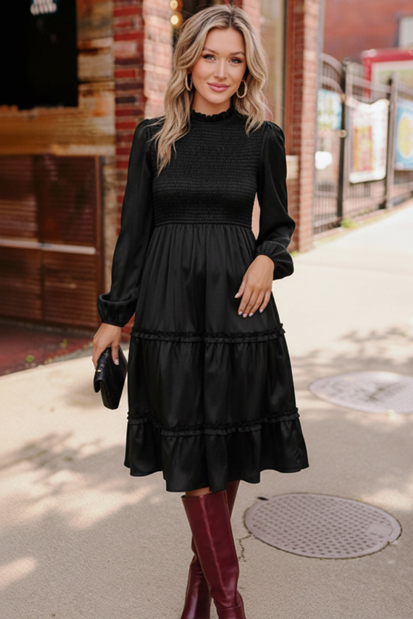 Haptics Black Tiered Solid Frilled Mock Neck Satin Dress