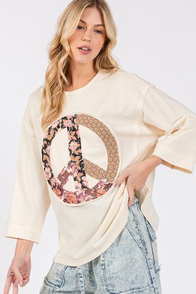 SAGE + FIG Floral Peace Patch Round Neck Top in Cream