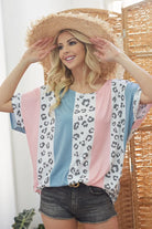 BiBi Pink and Blue Leopard Stripe Printed French Terry Oversized Top PINK BLUE