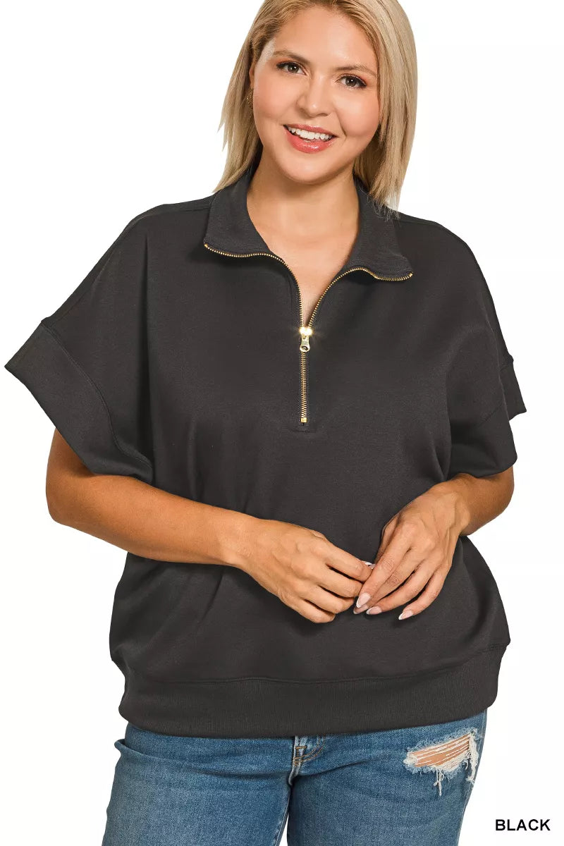 Zenana Black Scuba High Neck Half Zip Short Sleeve Top