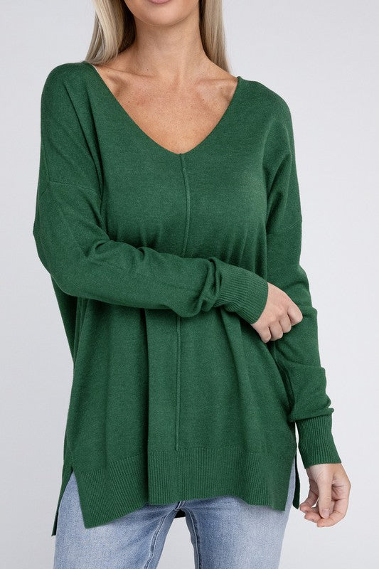 Zenana Garment Dyed Front Seam Side Slit Sweater H DK GREEN ZENANA