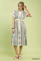 Umgee Vertical Print Tie Waist Midi Dress PARAIBA MIX