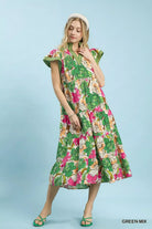 Umgee Green Mix Bold Floral Tiered Midi Dress