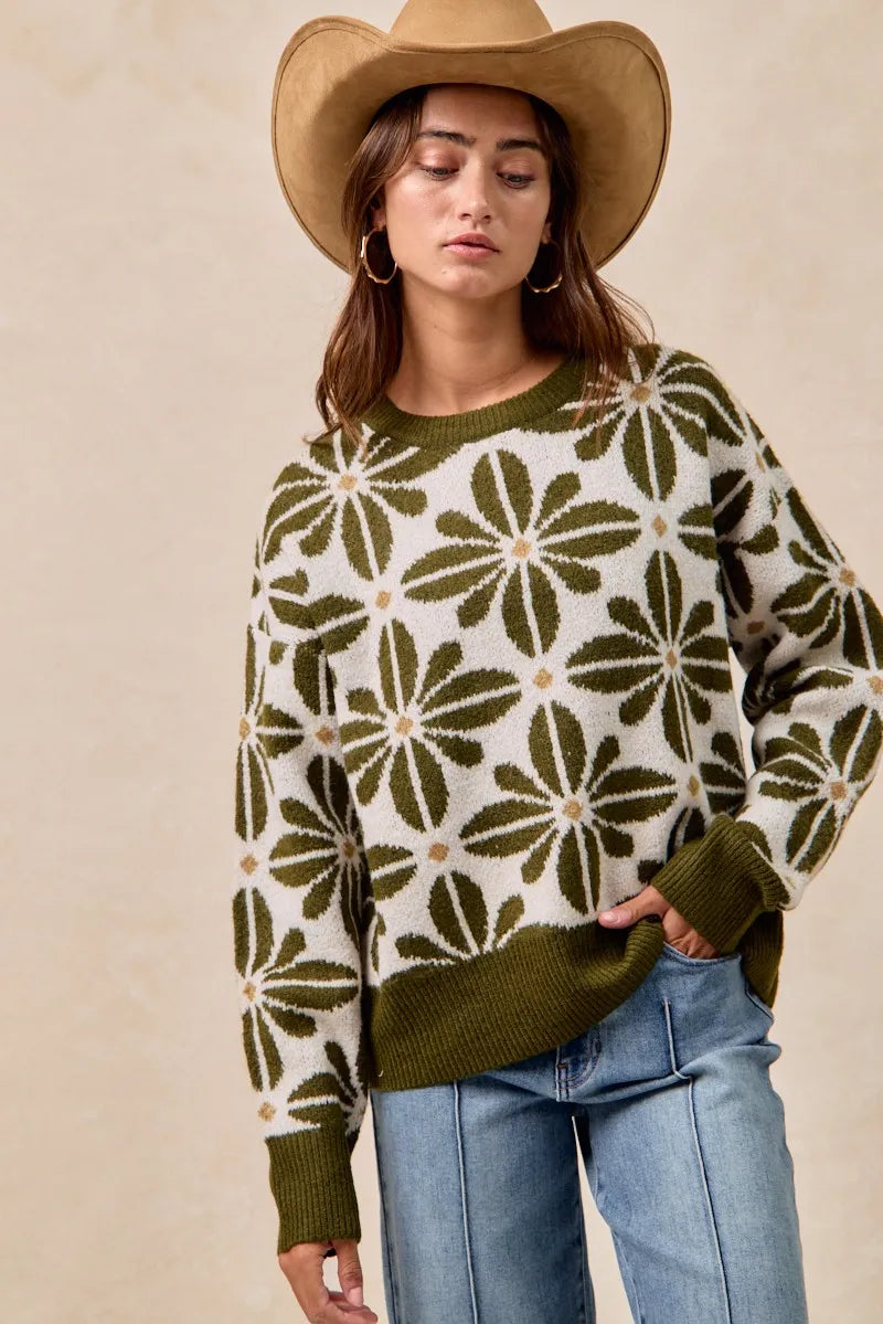 BiBi Olive & Ivory Flower Pattern Long Sleeve Sweater