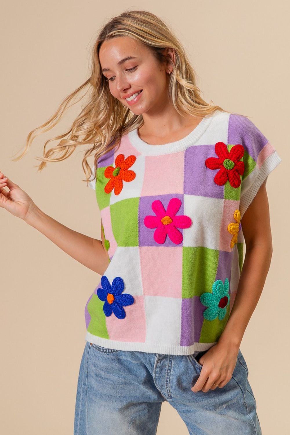 BiBi Lavender Flower Patch Checkered Sweater Vest Trendsi