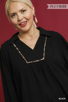 Umgee Black Linen Scallop Hem Blouse with Contrast Trim