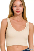 Zenana Sand Beige Seamless Ribbed Cropped Bra Padded V-Neck Tank SAND BEIGE