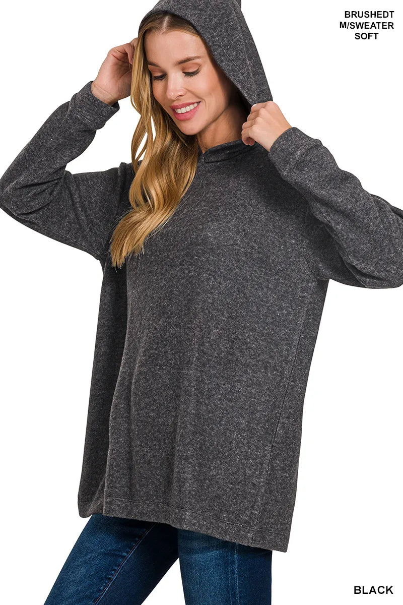Zenana Black Hooded Brushed Melange Hacci Sweater