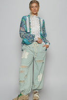 POL Teal Mock Neck Lace Detail Printed Paisley Button Down Long Sleeve Woven Top Shirts & Tops