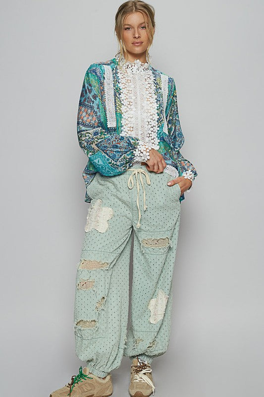 POL Teal Mock Neck Lace Detail Printed Paisley Button Down Long Sleeve Woven Top Shirts & Tops