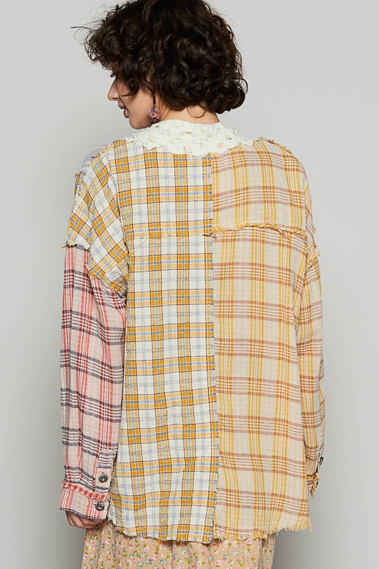 POL Raw Edge Yellow Contrast Plaid Open Front Woven Cardigan Top