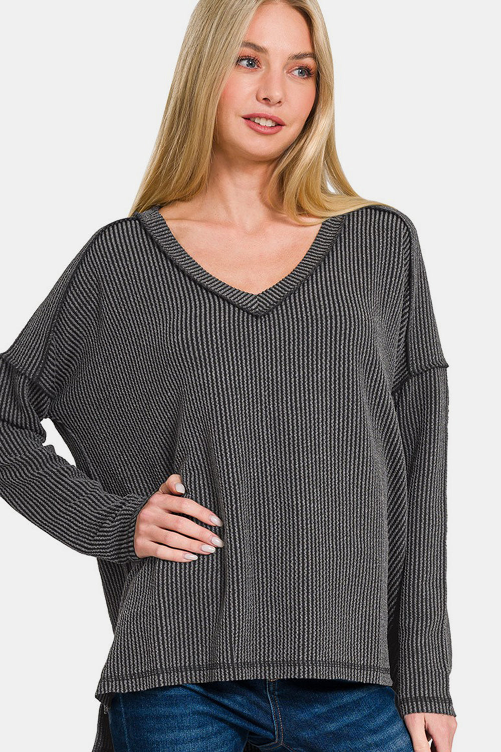 Zenana Charcoal Textured Exposed Seam V-Neck Long Sleeve Top Charcoal Shirts & Tops