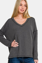 Zenana Charcoal Textured Exposed Seam V-Neck Long Sleeve Top Charcoal Shirts & Tops