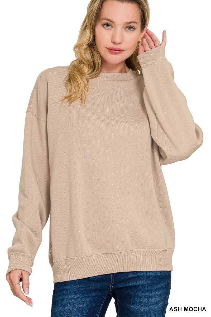 Zenana Ash Mocha Fleece Crewneck Long Sleeve Sweatshirt ASH MOCHA
