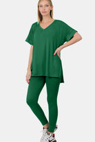 Zenana Dark Green V-Neck Rolled Short Sleeve T-Shirt and Leggings Lounge Set Trendsi