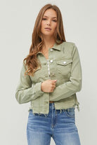 RISEN Sage Raw Hem Button Up Cropped Denim Jacket