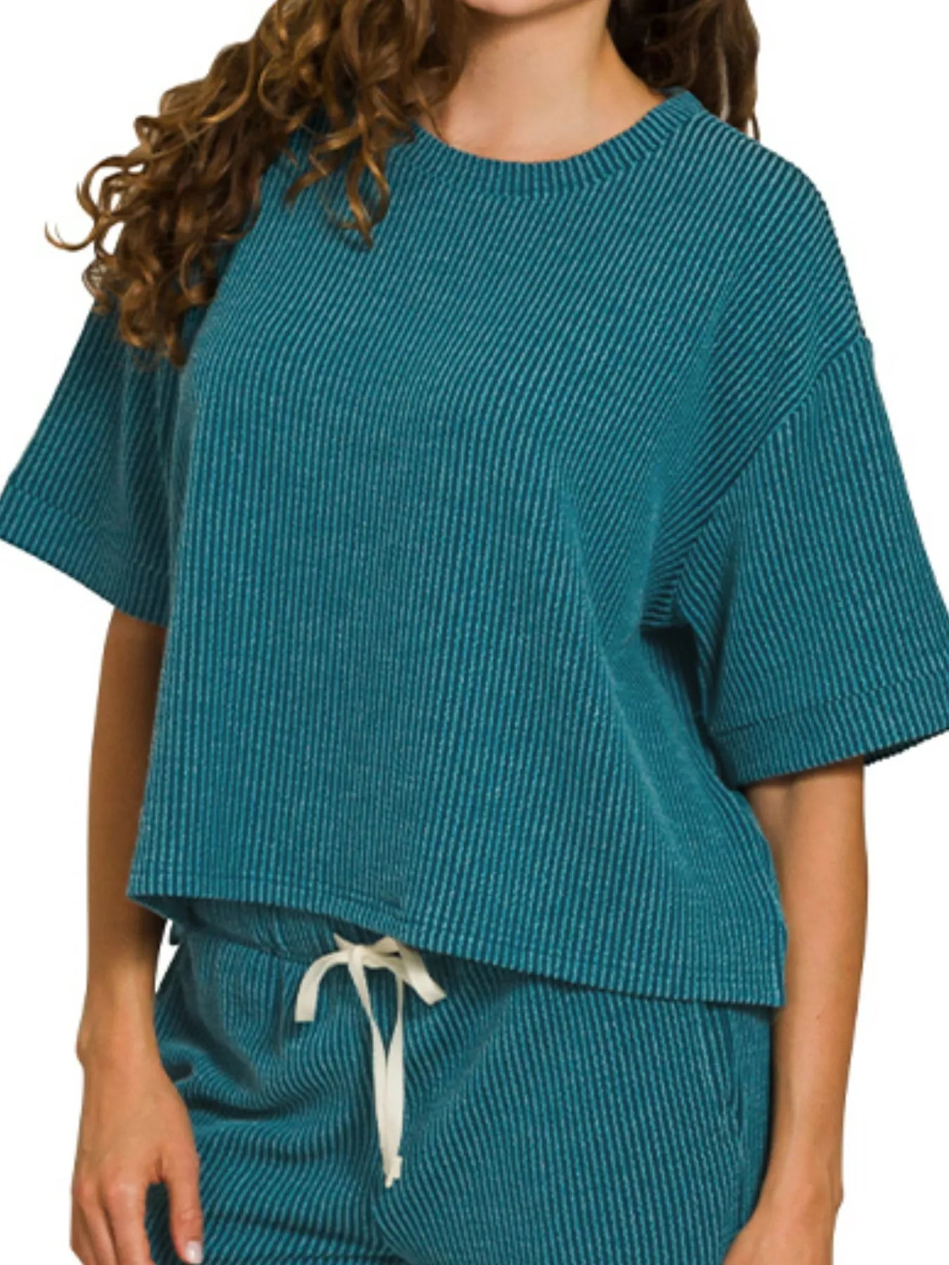 Zenana Teal Raised Rib Short Sleeve Tee & Pants Set
