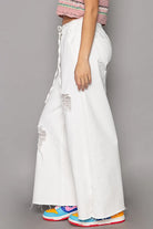 POL Off White Drawstring Distressed Wide Leg Denim Pants