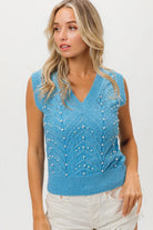 BiBi Denim Chevron Pointelle Pearl Knit Top