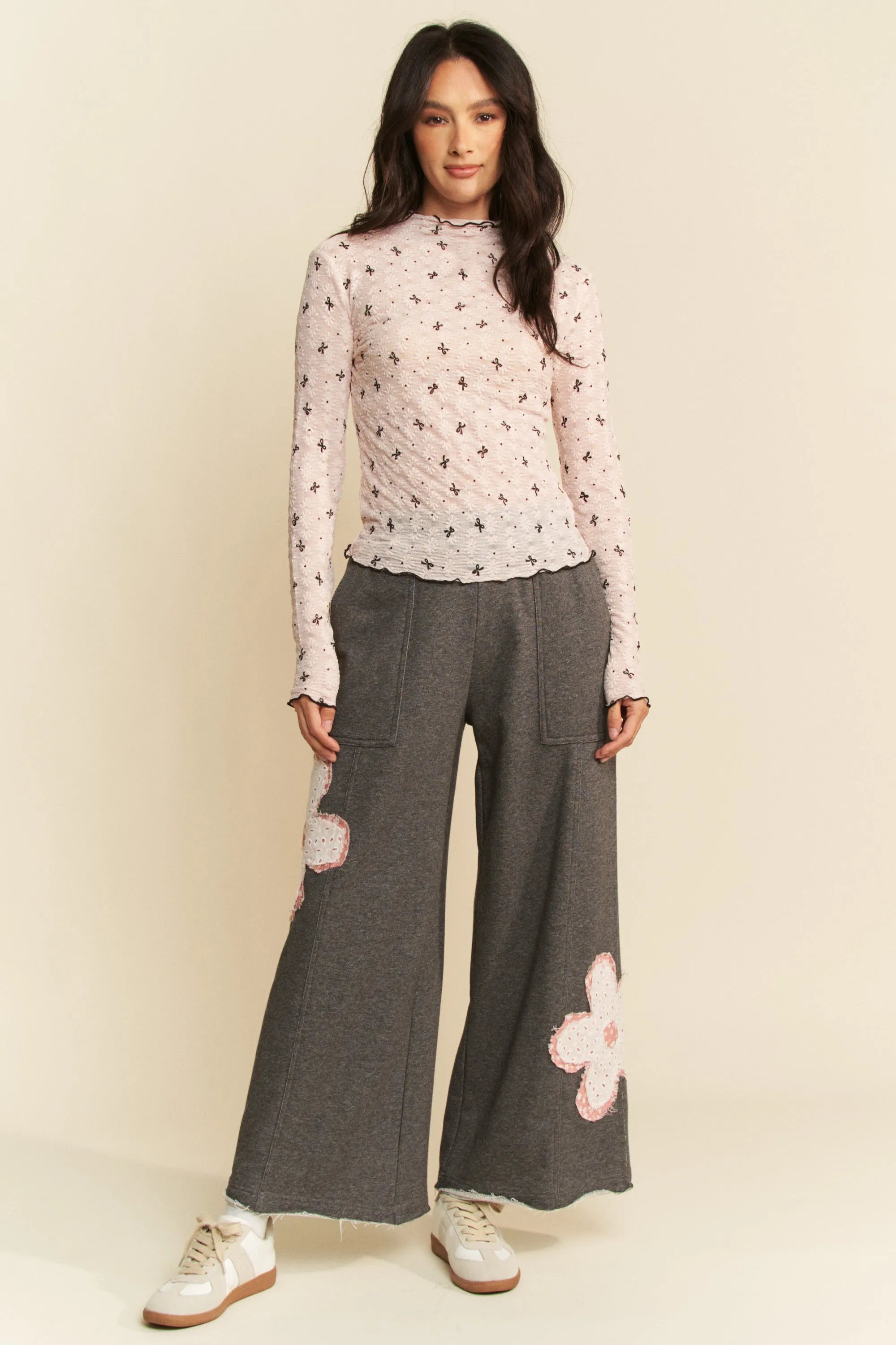 Davi & Dani Pink Ribbon Bow Lace Hem Long Sleeve Mesh Layering Top